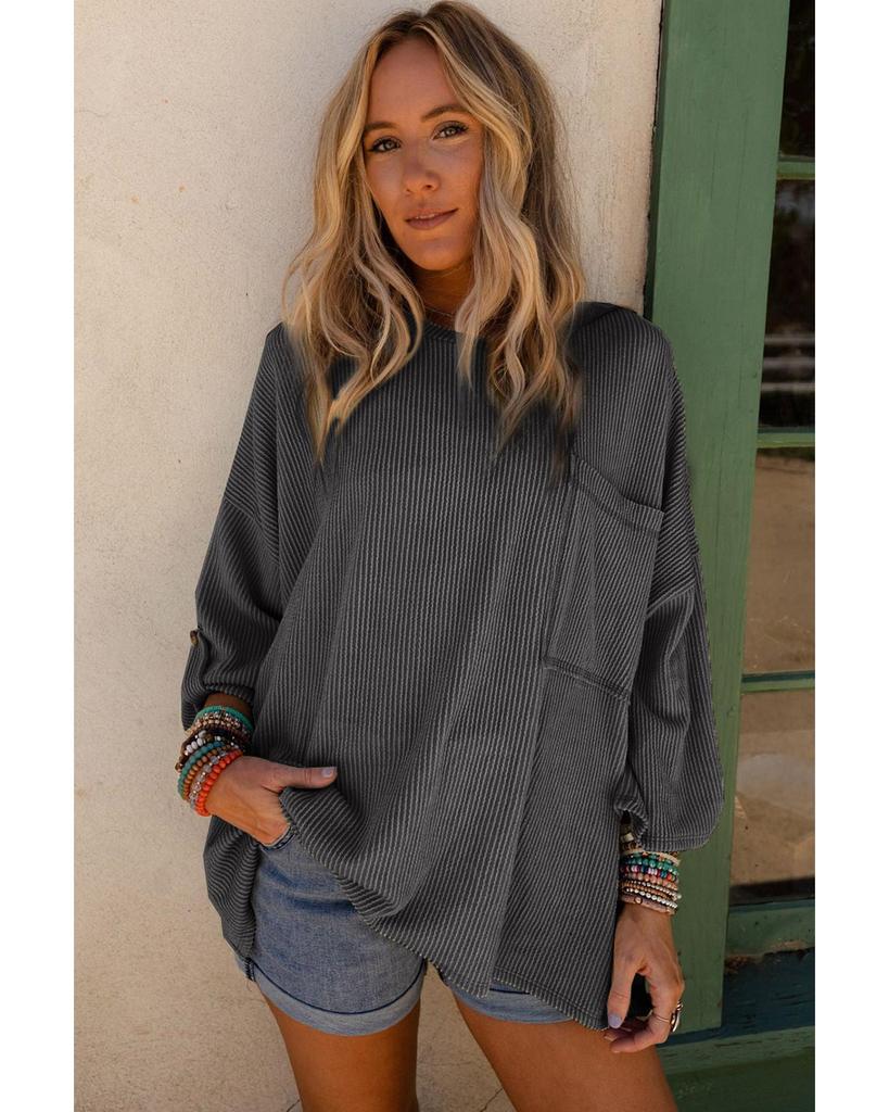 Azura Exchange Dark Gray Ribbed Roll-tab Sleeve Chest Pocket Oversize Top