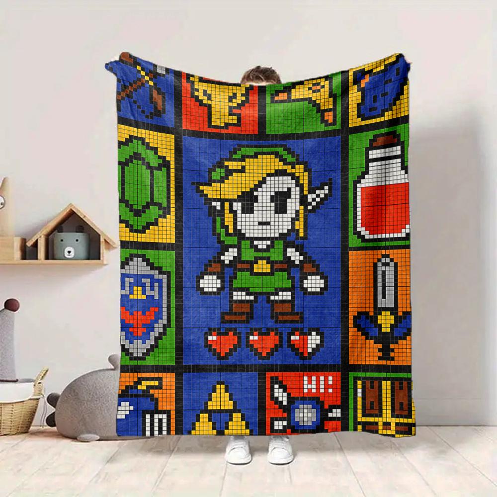 1Pc Legend Zelda Pixel Art Flannel Blanket, Soft And Comfortable, Casual Warm, Camping Travel, Christmas, Halloween Xmas Gift N115