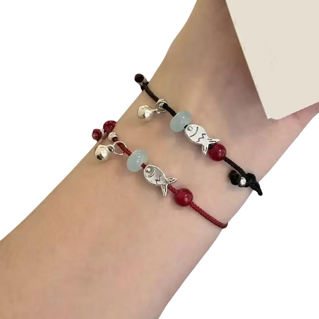 Pack of 2 Fish Charm Braided Bracelets Adjustable Red Black Cord Jewelry Wristband Accessory for Couples Friendship