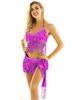2Pcs Womens Shiny Sequin Tassels Belly Dance Costume Halter Bra Top with Hip Scarf Wrap Skirts Set Ballroom Dancewear