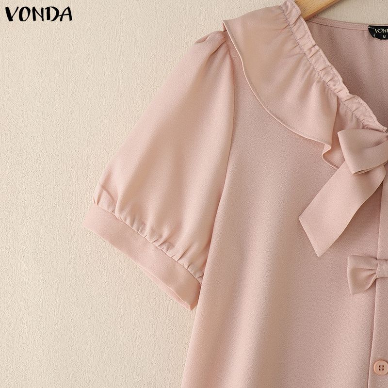 VONDA Женская блузка с лацканами, короткими рукавами, пуговицами, бантом, повседневная, укороченная