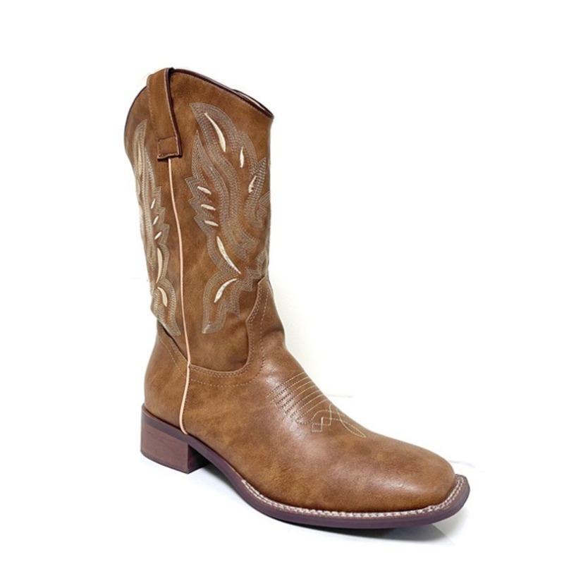 New Style Fashion Retro Brown Cowboy Boots for Women Comfortable Square Toe Embroidery Mic-calf Western Boots Shoes Big Size
