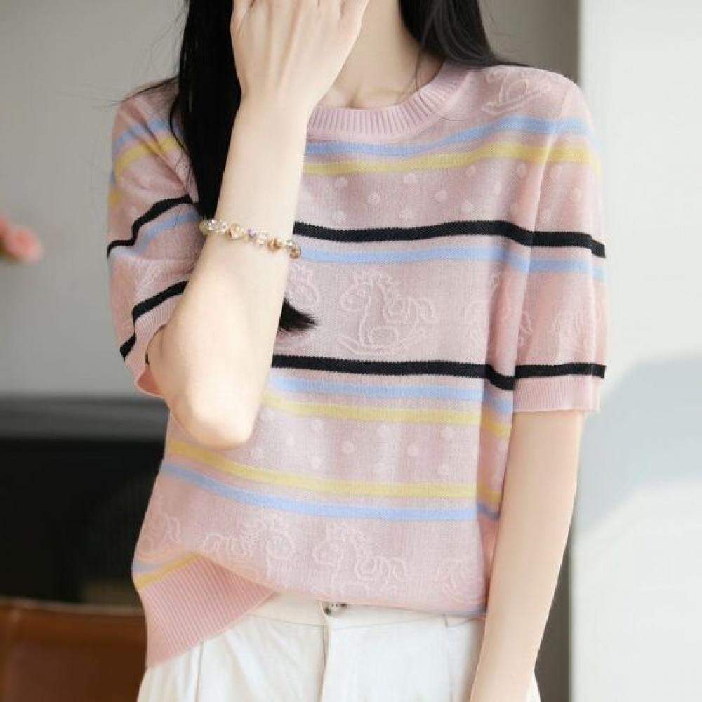 Navava Men Casual STripe Round Neck ShorT Sleeve KniT T shirT Nk3622