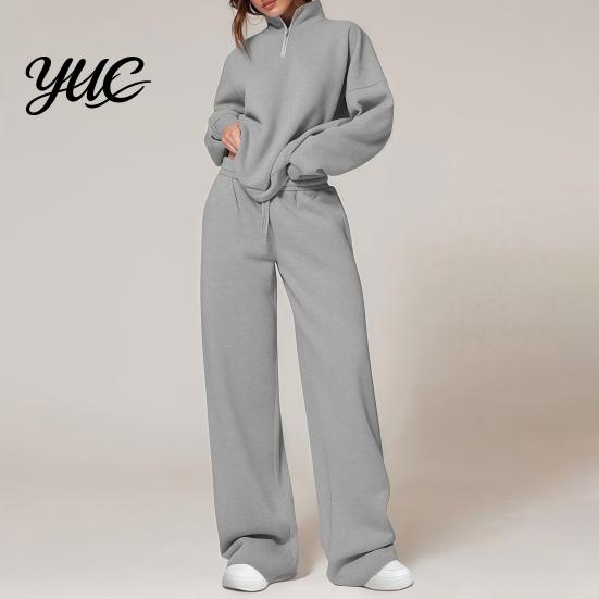Athleisure Wear for Women 2Pcs/Set Oversized Loungewear, Quarter Zipper Sweatsuit Long Pants Set, Loose Tracksuit Fit Sleeve Pullover Jogger