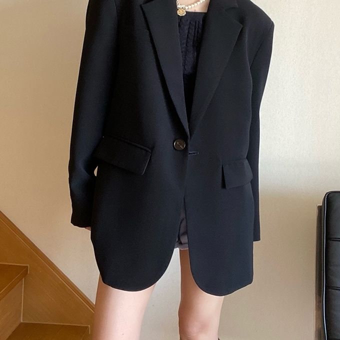 Black Suit Jacket for Women with Unique Korean Design Chic Loose Casual Slimming Autumn Spring Small Suit Top