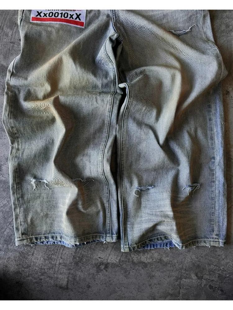 Джинсы мужские в стиле хип-хоп с буквенным принтом Y2k Goth Punk Harajuku Ripped Wide Leg Брюки Ретро Свободные прямые брюки с двойной талией