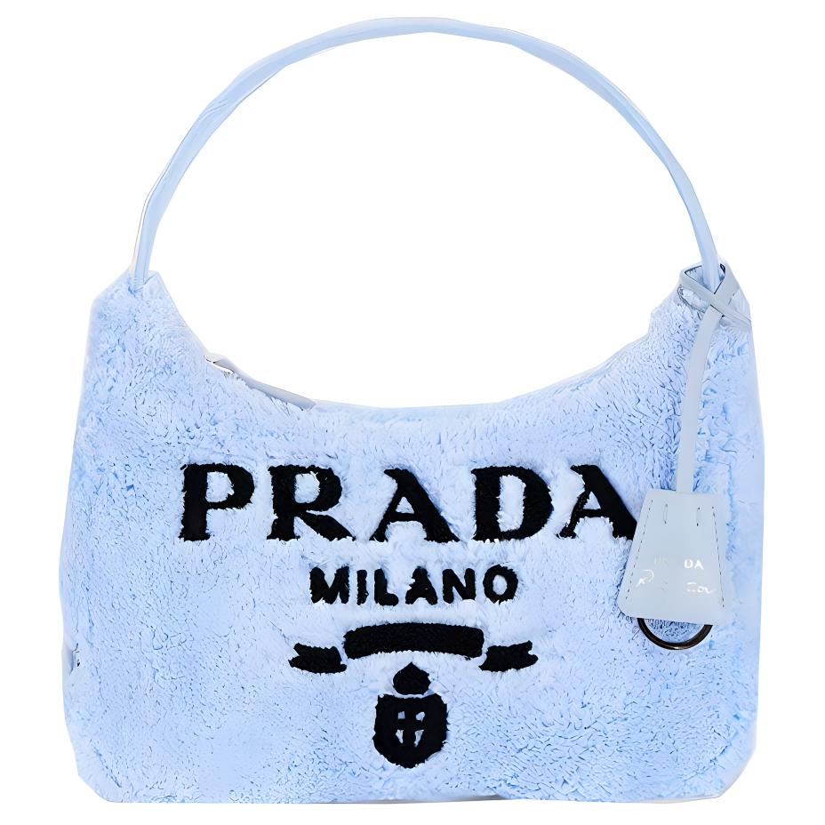 Prada Re-Edition Embroidered Logo Accent 2000 Soft Terry Fabric Hobo Shoulder Bag Mini Women bags Light-Blue Black 1NE515_2DXO_F0D4O