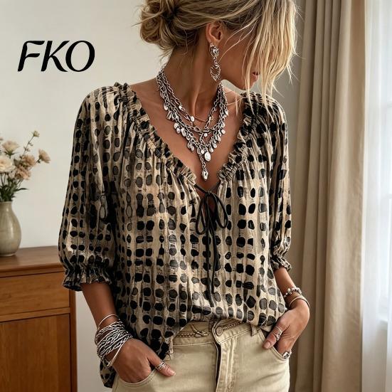 Women Loose Off Shoulder Shirt Summer Casual Shirt, V Neck Lace Up 3/4 Sleeve Blouse, Plaid Breathable Print Flowy Tops, Lightweight Chiffon Tops