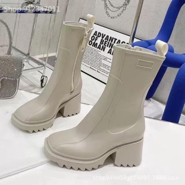 Роскошные женские ботильоны до щиколотки с квадратным носком, ПВХ резиновые сапоги для женщин на массивном каблуке, резиновые ботинки челси, женская обувь для дождя на толстой подошве