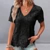 Women Summer T-shirt V-neck Short Sleeve Casual Tee Shirt Hollow Embroidery Lace Pullover Tops Streetwear