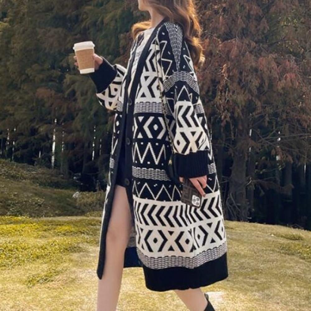 NaVaVa Women Retro Pattern V Neck Long sleeVe Knit Cardigan Nk2778