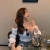 Slash Neck Sexy Off Shoulder Women's Short Top Pure Desire T-shirt Crop Top High Waisted Navel Exposed Puff Sleeve Korean Fashion Spring Autumn