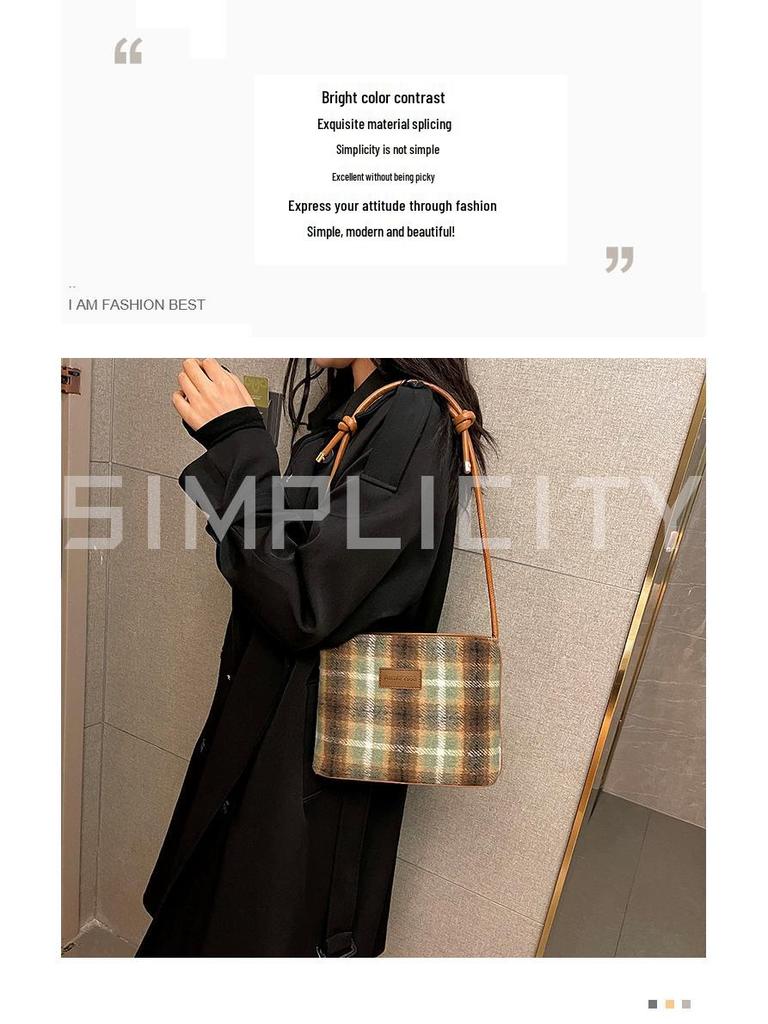 2024 Женская ретро клетчатая шерстяная сумка-ведро через плечо - Большая вместимость Осенне-зимняя сумка-тоут на плечо