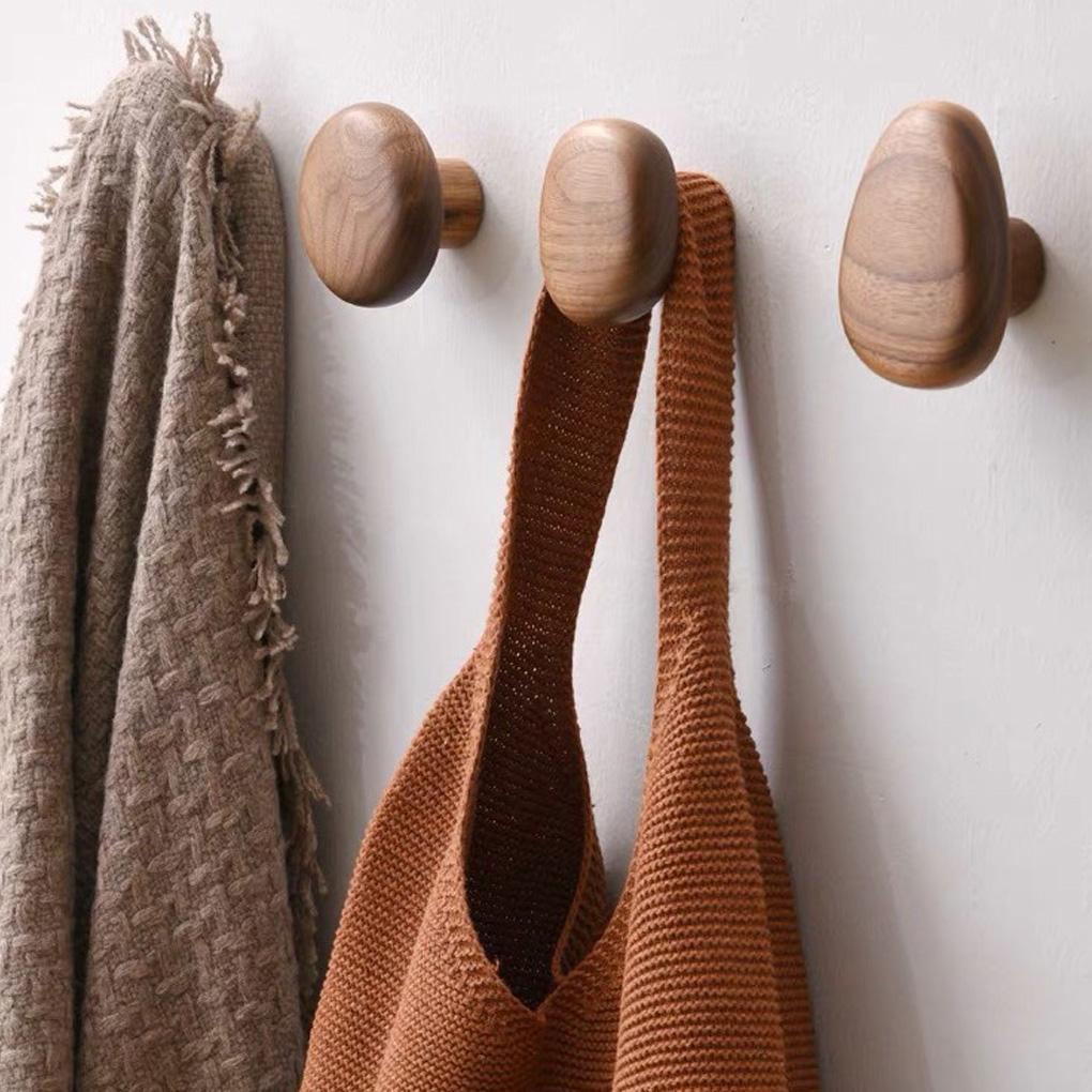 4 PCS Solid Wood Handle Clothes Hook Coat Hook Wall-mounted Hook Punch-free Door Clothes Hanger Pebble Shape Cabinet Door