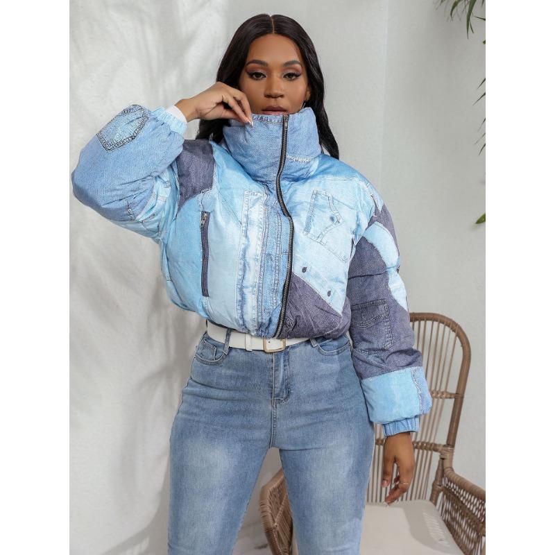 Winter Fashion Women's Short Denim Printed Cotton Jacket
