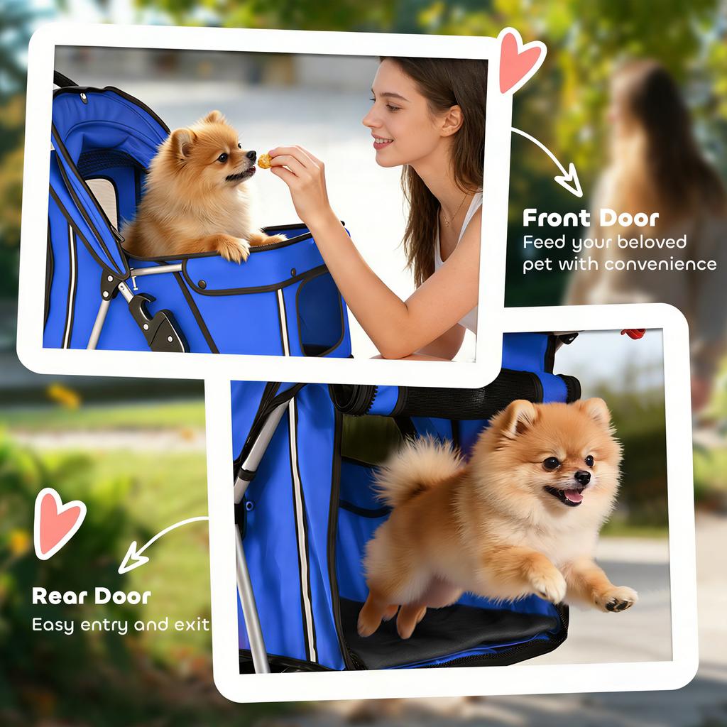 Dog Pram Pet Stroller With Reflective Strips Foldable Cat Stroller With 360 Degree Swivel Wheels Blue