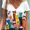 Модные весенние блузки с принтом котят, футболки с коротким рукавом и V-образным вырезом, повседневные
