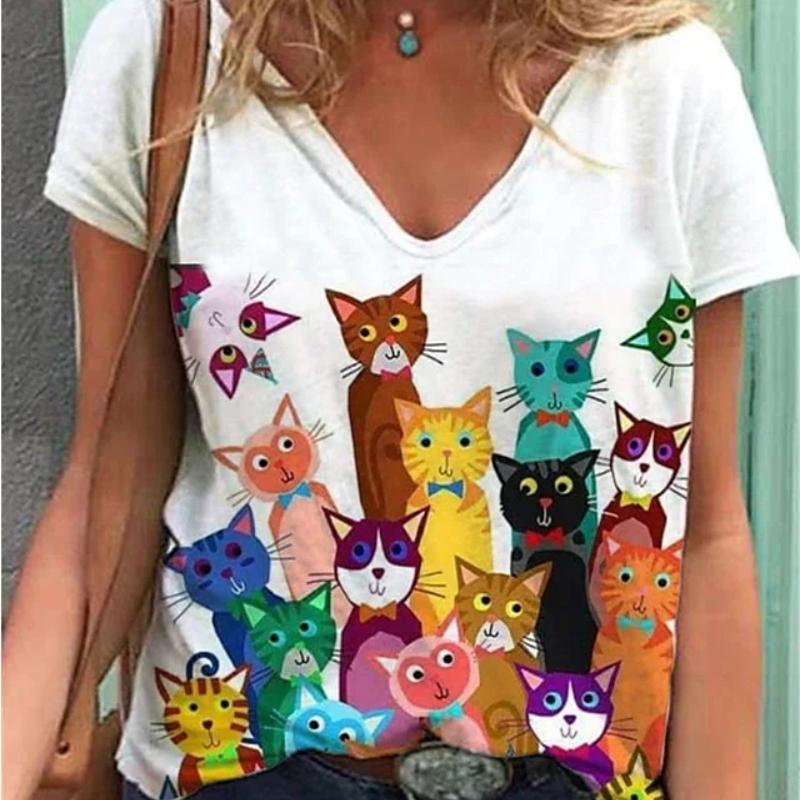 Женская футболка с рисунком кота, базовые топы с V-образным вырезом и геометрическим принтом кота