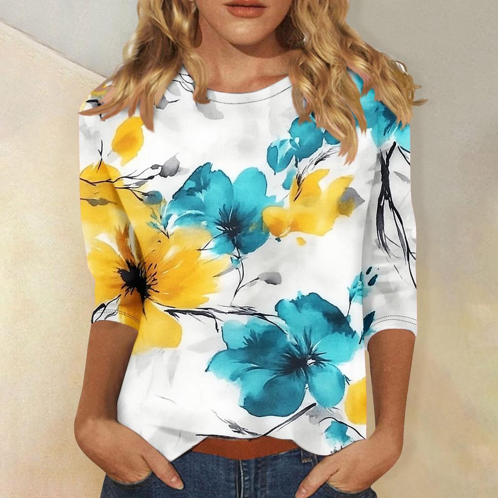 Женская мода повседневная три четверти рукава цветочный принт горловина топ