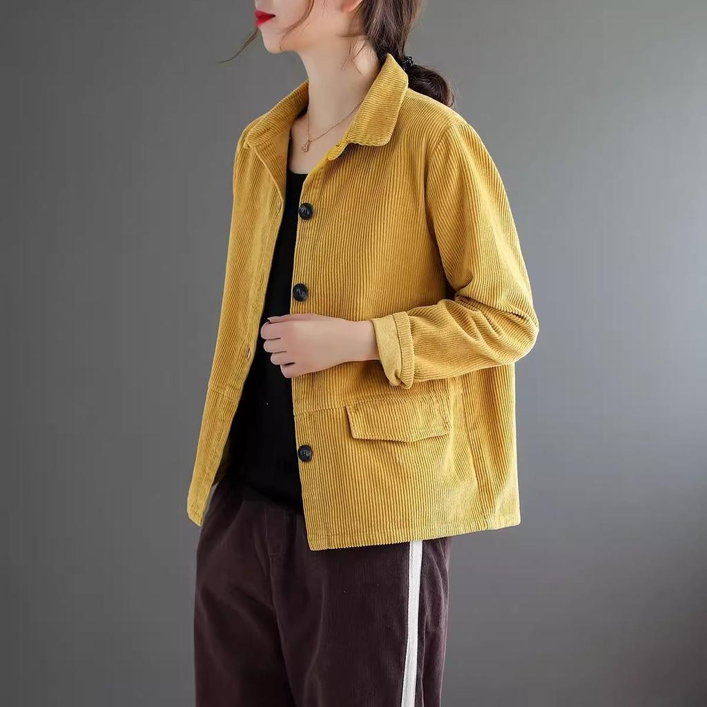 Женская вельветовая однотонная куртка с длинным рукавом, короткая, свободного кроя, в стиле ретро, повседневная, рубчатый топ для весны и осени