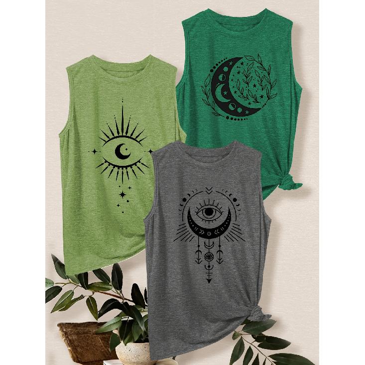 3Set of tank tops Mysterious Star and Moon Eye Print Loose Casual Vest T Shirt Retro-style breathable, comfortable, and soft fabric Spring and Summer