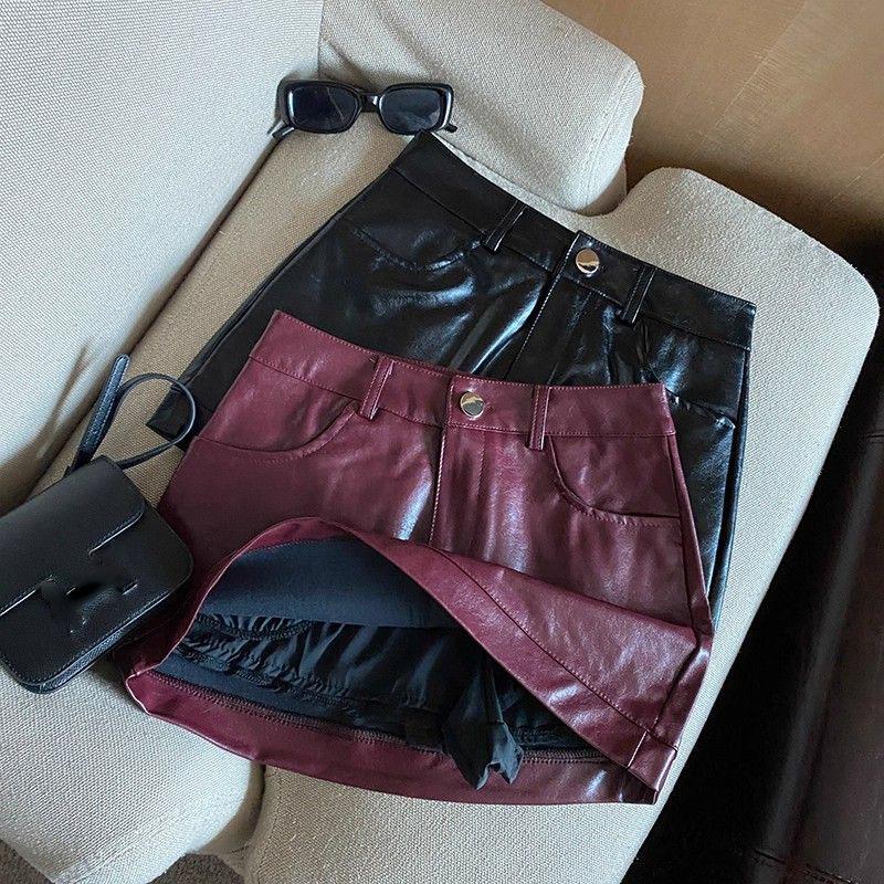 GlowGirl Винно-красные юбки из ПУ-кожи для женщин Сексуальная клубная одежда Обтягивающая бедра Мини-юбка Женская весенняя осенняя Антибликовая короткая юбка