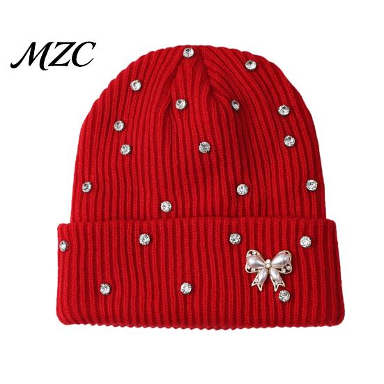 Warm Knit Hat for Large Heads Sparkly Winter Knitted Hat, Women Rhinestone with Faux Pearl Bow, Korean Style Headwear Stretch Cuffed Ribbed Skull Cap