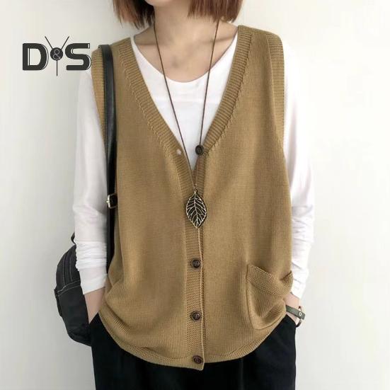 Женский вязаный жилет с V-образным вырезом без рукавов, однобортный теплый жилет, однотонный свободный крой, трикотажные майки с карманами