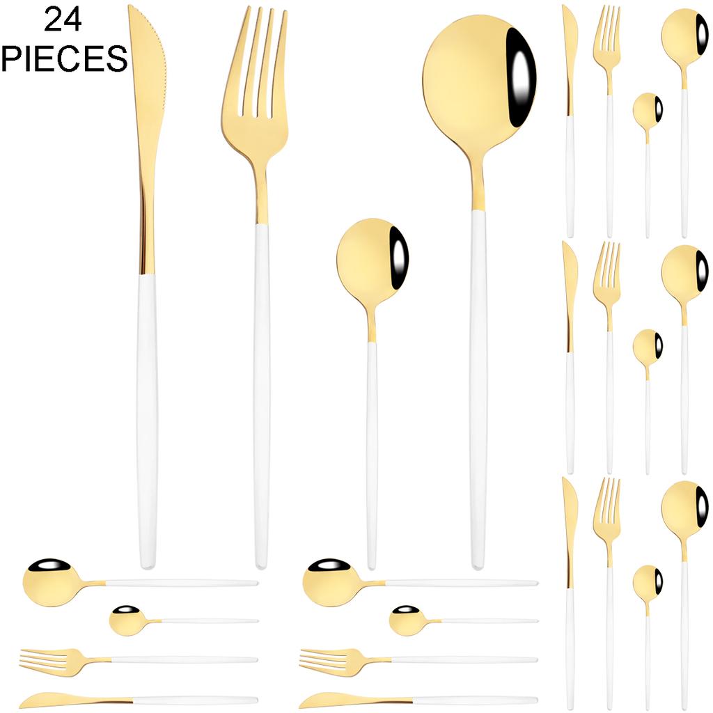 Gold 24Pcs Dinnerware Cutlery Set Knife Fork Coffee Spoon Tableware Set Mirror Stainless Steel Flatware Western Kitchen Silverware