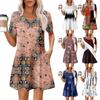 Women's Summer Casual Round Neck Pleated With Pockets Printed Short Sleeve Dresses