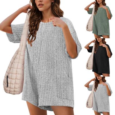 Летние комбинезоны для женщин с коротким рукавом, ребристые свободные футболки, шорты с карманом