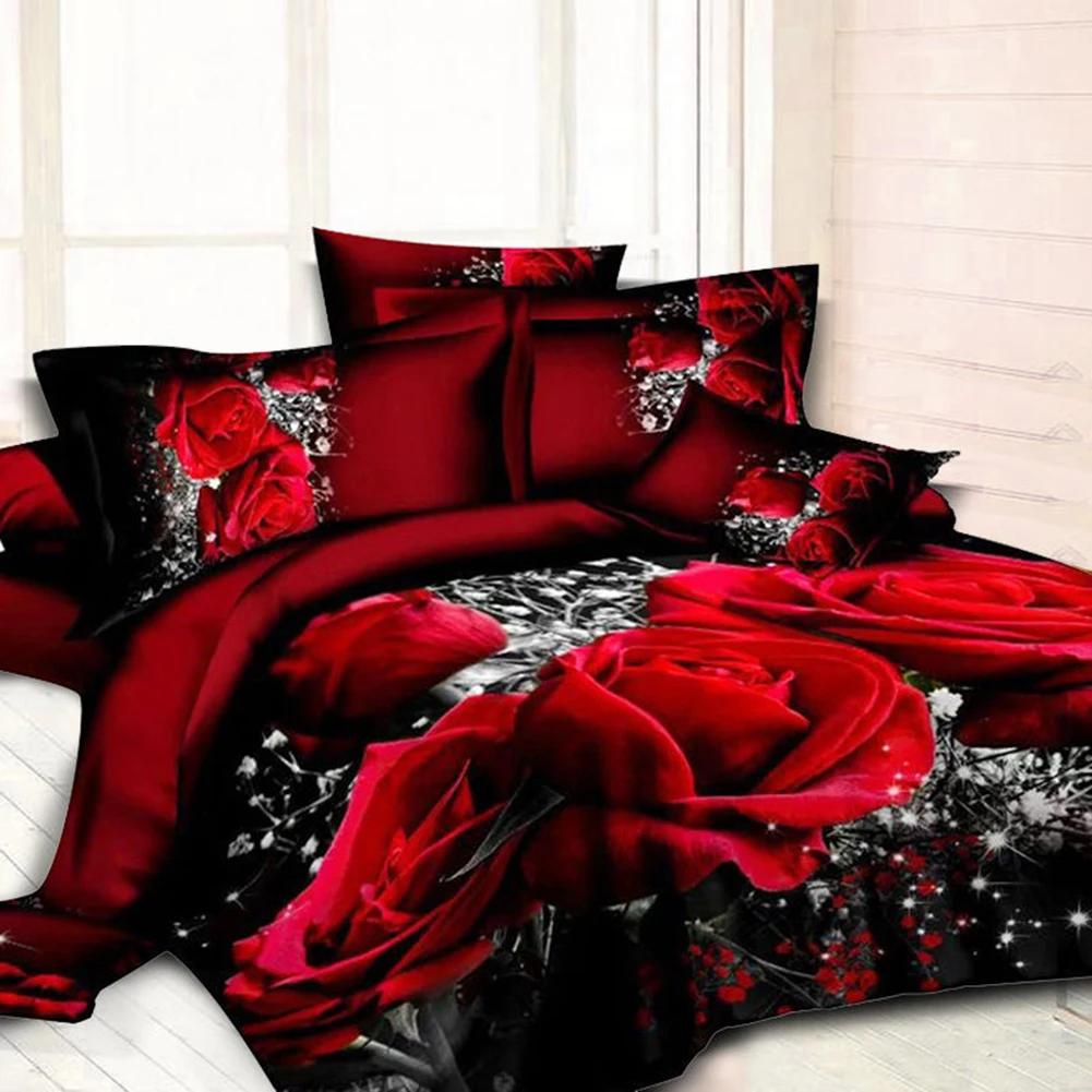 4 PCS 3D Big Red Rose Floral Bedding Sets Wedding Duvet Cover Sheet Pillow Cases Double Bed Sheet Comforter Quilt King Size