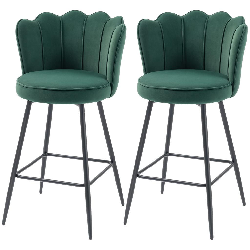 Set of 2 Bar Stools, Bar Chairs with Backrest and Footrest, Steel Legs, 54 x 55 x 97 cm, Dark Green