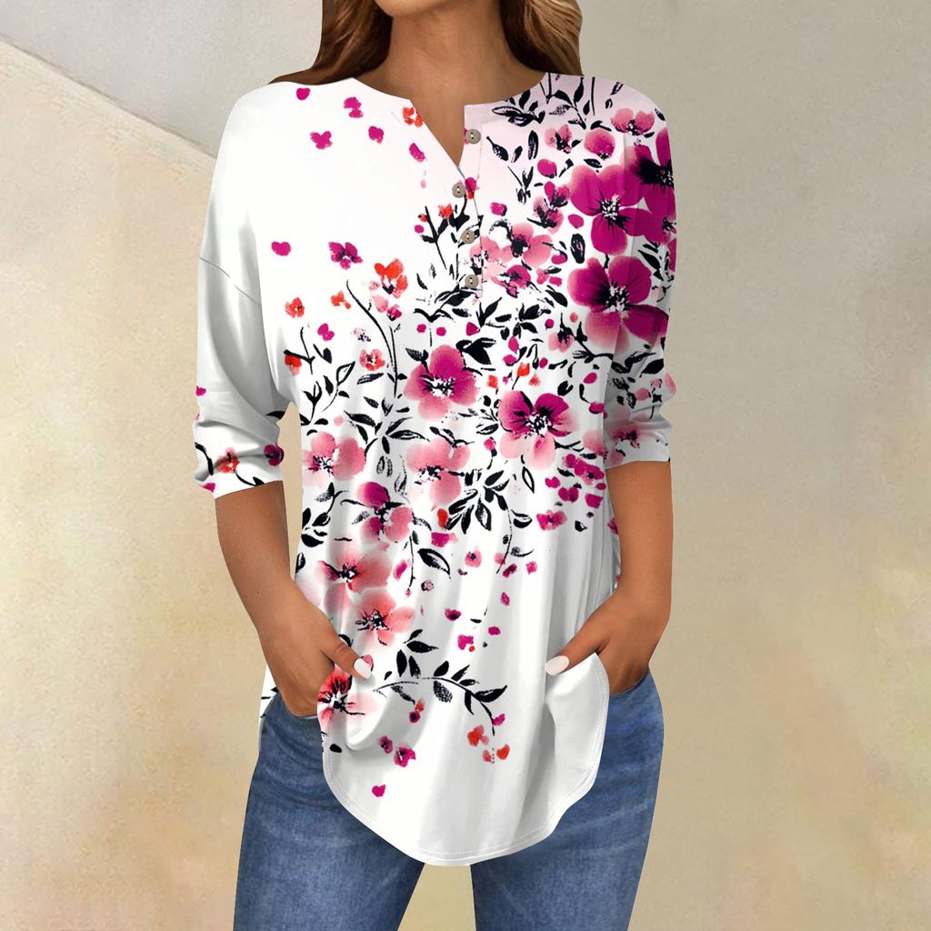 Женская мода свободный воротник на пуговицах с принтом рукав 3/43/4 футболка топы пуловер