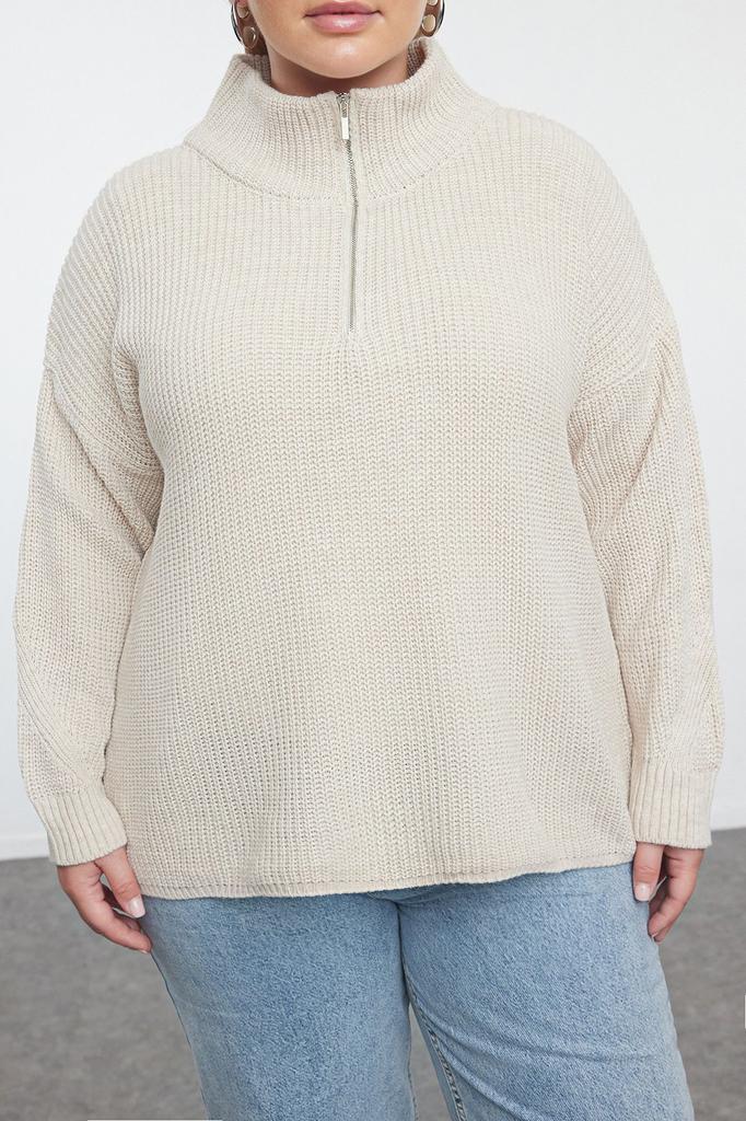 Women's Elegance Style Plus Size Sweater Stone Zipper Collar Knitwear Sweater