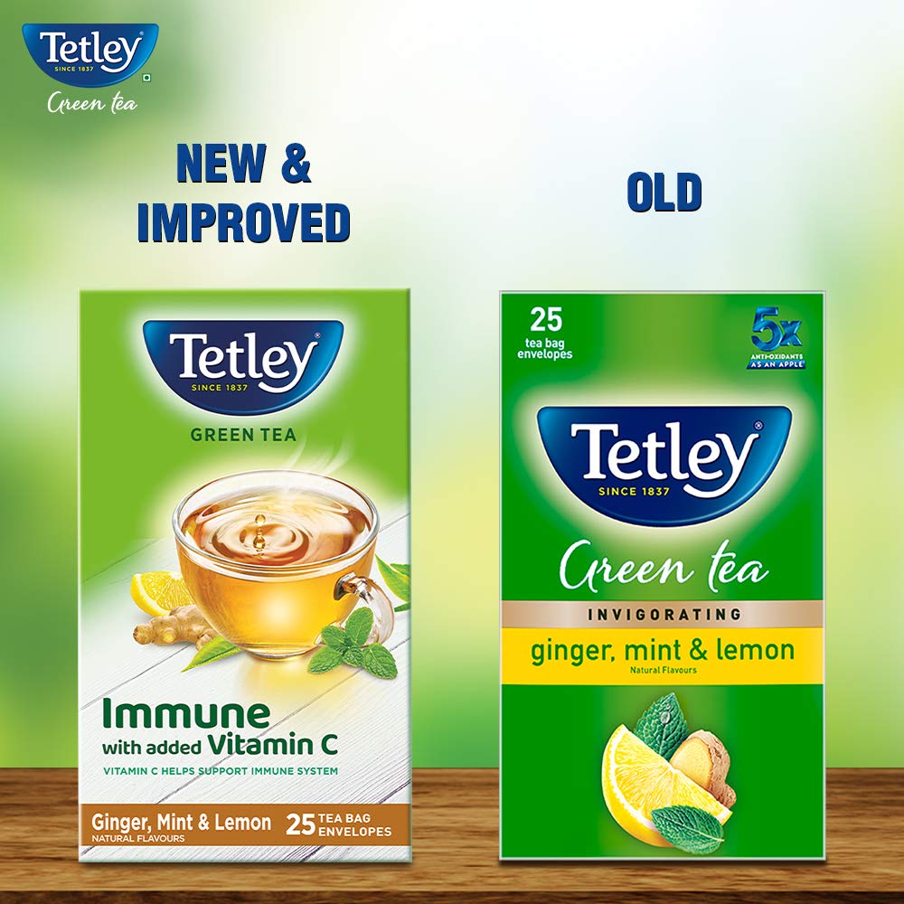 Чай зеленый Tetley Immune 25 чайных пакетиков, витамин С с имбирем, мятой и лимоном, травяной антиоксидантный купаж без кофеина для гидратации и ежедневного хорошего самочувствия