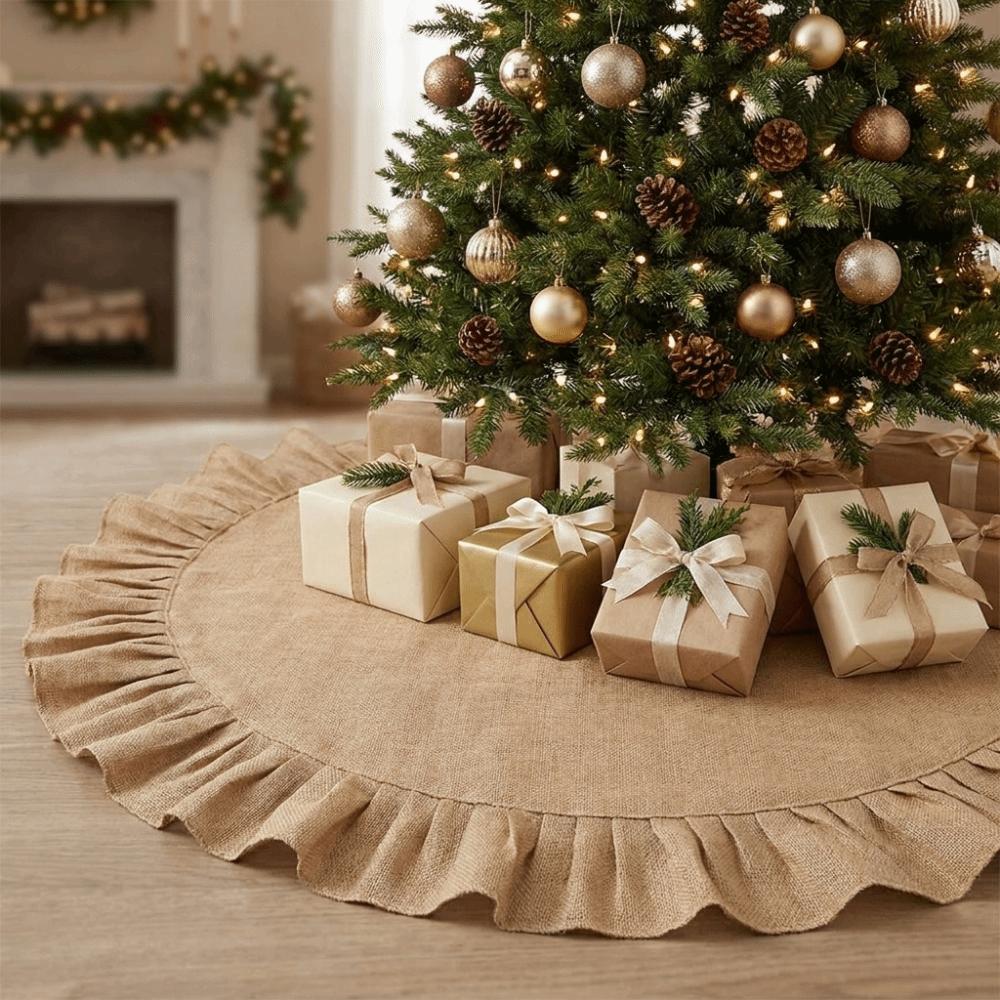 Pleated Edge Jute Christmas Tree Skirt Solid Color Xmas Tree Stand Cover Party