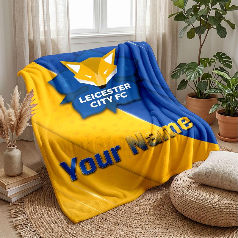 Leicester City Custom Name Text Flannel Blanket Soccer Logo Personalized Fleece Throw Blanket Special Gift For Sofa Bedroom Home