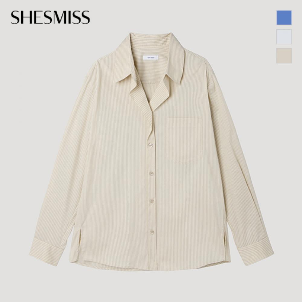 [shs Мисс] Полосатая рубашка с открытым воротником и карманом Swwstp12100