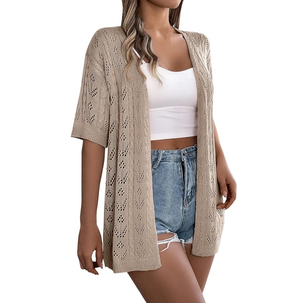 Женский модный однотонный вязаный кардиган с короткими рукавами и открытой рубашкой от солнца