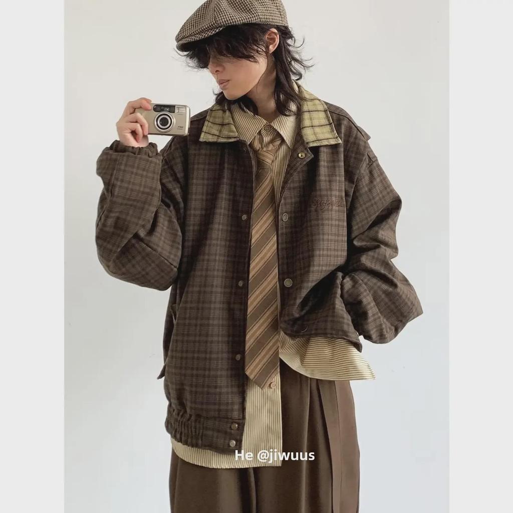 Куртка унисекс в стиле ретро с вышивкой в клетку - осенняя свободная посадка с повседневными лацканами