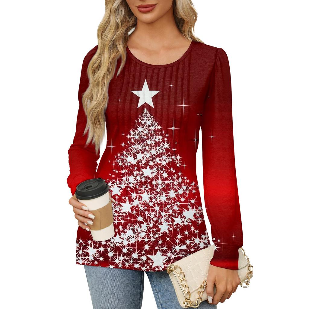 Рубашки с длинным рукавом для женщин Милые принты Графические футболки Блузки Нарядные повседневные блузки Плиссированные туники с круглым вырезом Топы Рождество