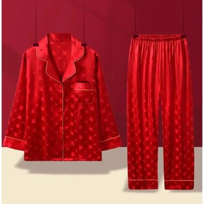 Весна Осень Новые женские пижамы с лацканами, кардиган, комплекты для женщин, 2 предмета, модный красный домашний костюм для женщин, мягкая одежда для сна