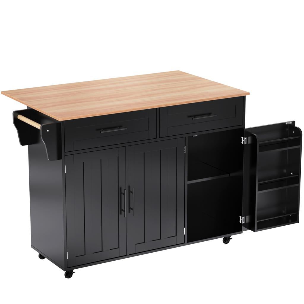 129x46(71)x91.5cm Black Large Dining Cart, Sideboard, Solid Wood Foldable Worktop, Storage Door, Casters/Solid Wood Feet, Suitable for Home Use.