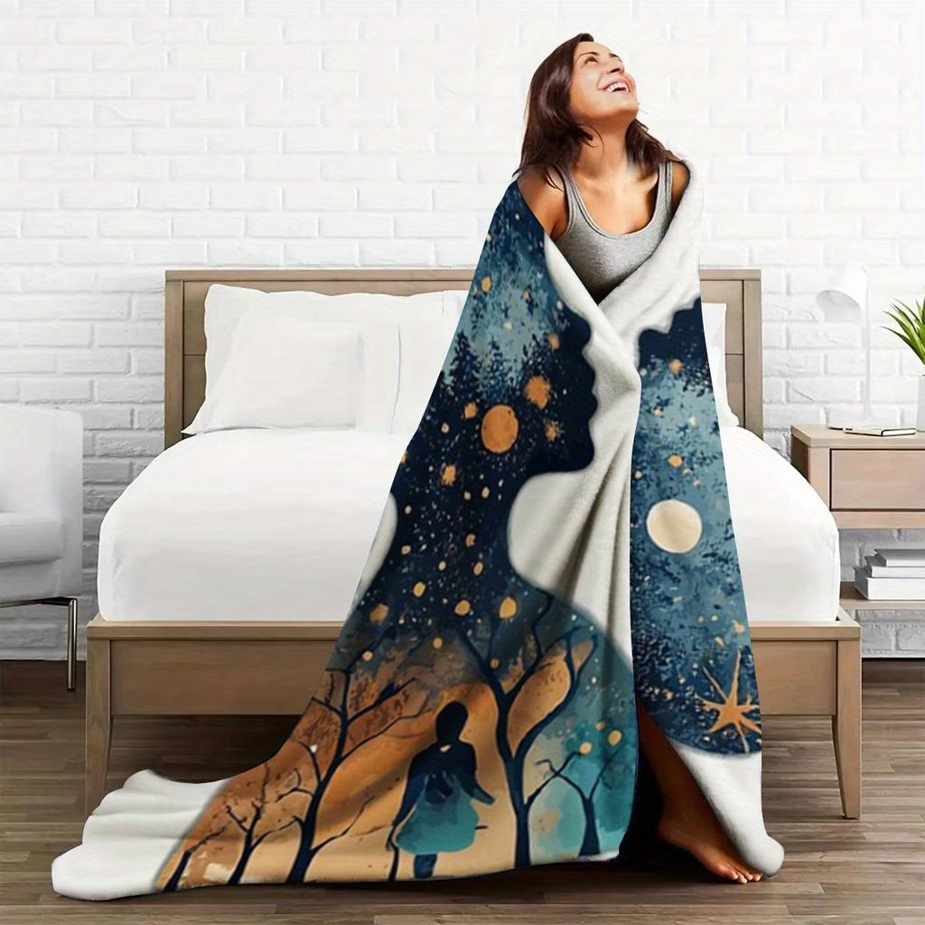 All-Season Cozy Flannel Blanket with Starry Night & Moon Design - Soft, Machine Washable, Perfect for Napping, Sofa, Bed, or Off