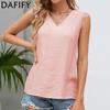 Женские модные летние повседневные однотонные футболки и топы без рукавов с v-образным вырезом и принтом