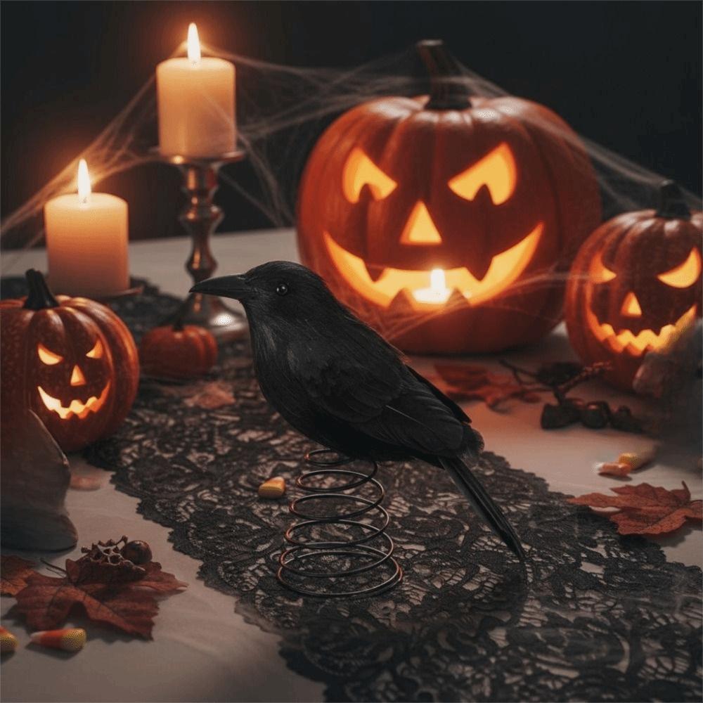 Flexible Spring Base Straw Doll Ornament Realistic Halloween Raven Desk Doll Ghost Festival