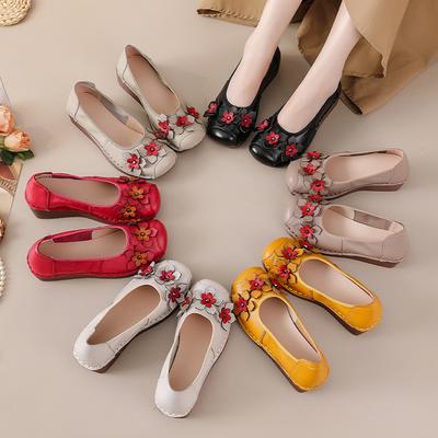 Неглубокие туфли-лодочки, женская обувь из натуральной кожи, обувь и цветы, одна педаль, Doudou с круглым носком на толстой подошве, весенне-осенний этнический стиль