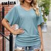 Женские модные повседневные летние весенние однотонные свободные блузки и рубашки с круглым вырезом и открытыми отверстиями с короткими рукавами