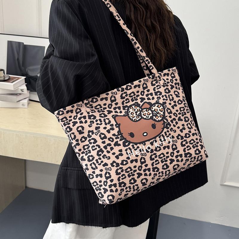 Канвасовая сумка через плечо для девочек Hello Kitty с леопардовым принтом, из дышащей легкой ткани, для школы и повседневного использования